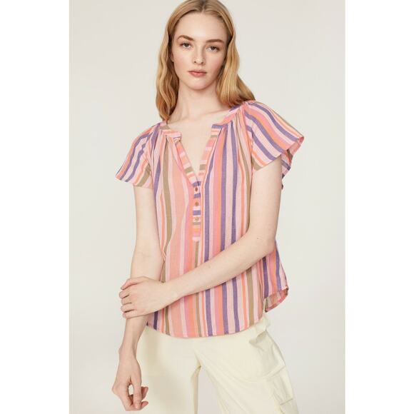 XíRENA Striped Pattern Short sleeves Split Neck Button Front Kimber Top Size L - Picture 1 of 9